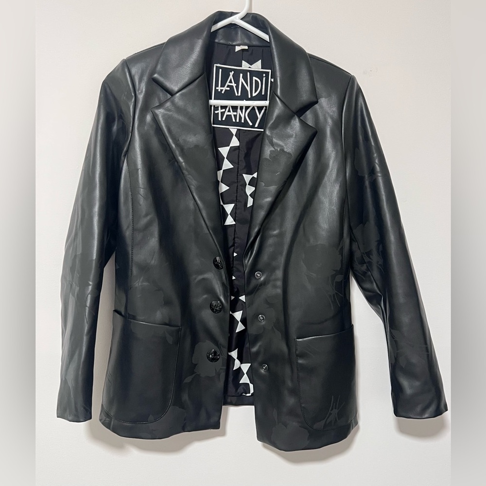 Landi Fancy Black Faux Leather Floral Blazer Jacket Size 40 M